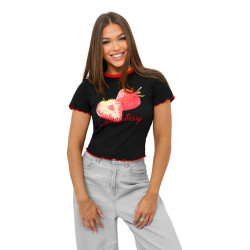 Moteriški juodi marškinėliai Strawberry