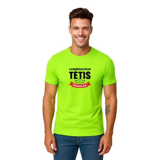 Neoniniai žali marškinėliai Laimingiausias tėtis (juodas) PK4006 - Užrašai vyrams Neoniniai žali marškinėliai Laimingiausias tėtis (juodas) PK4006