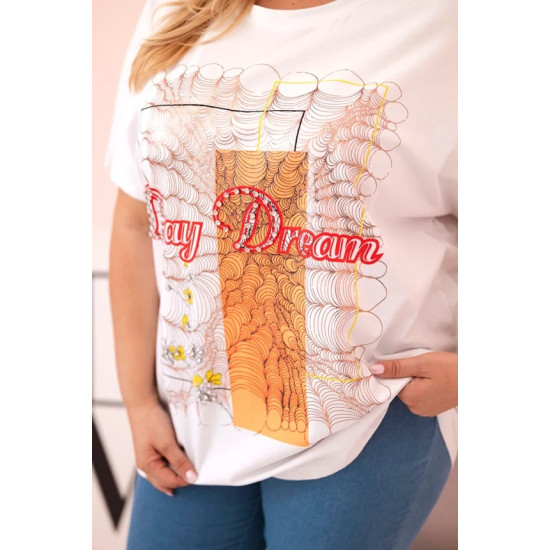 Moteriški balti su oranžine detale marškinėliai Day dream 33320 - Moterims Moteriški balti su oranžine detale marškinėliai Day dream 33320