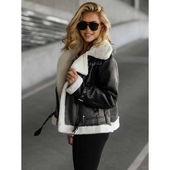 Moteriška juoda odinė striukė su baltu kailiuku Elen JS/11Z8177
