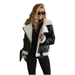 Naisten musta nahkatakki valkoisella turkiksella Elen