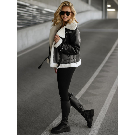 Moteriška juoda odinė striukė su baltu kailiuku Elen JS/11Z8177