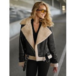 Naisten musta nahkatakki turkiksella Elen