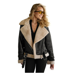 Naisten musta nahkatakki turkiksella Elen