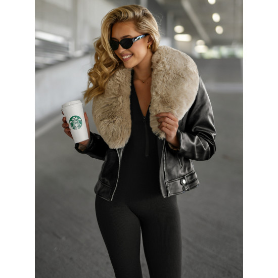Moteriška juoda odinė striukė su rusvu kailiuku Laser JS/61M8508/392B - Akcija Moteriška juoda odinė striukė su rusvu kailiuku Laser Striukės