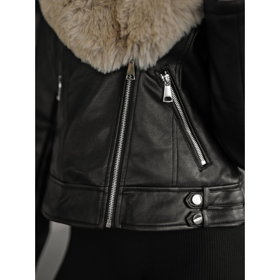 Moteriška juoda odinė striukė su rusvu kailiuku Laser JS/61M8508/392B - Akcija Moteriška juoda odinė striukė su rusvu kailiuku Laser Striukės