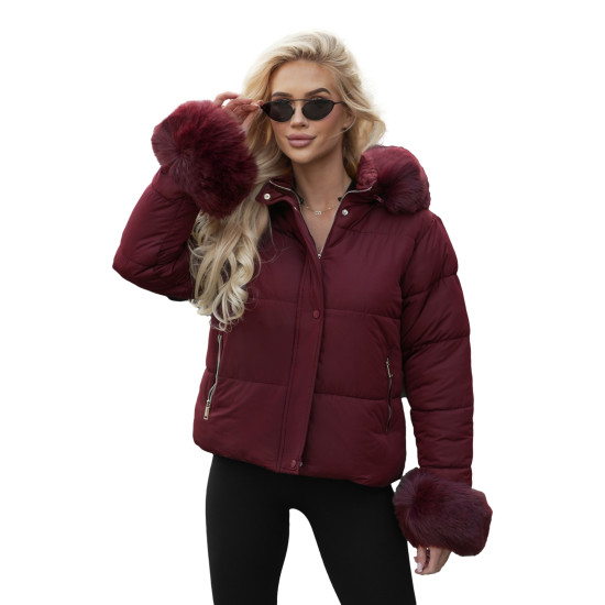 Moteriška žieminė bordo spalvos striukė su kailiuku Evin JS/16M9282/06 - Akcija Moteriška žieminė bordo spalvos striukė su kailiuku Evin Striukės