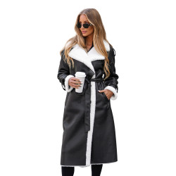 Moteriškas juodas ilgas odinis paltas su dirbtiniu kailiu Emil