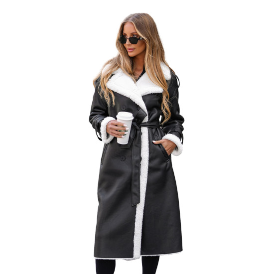 Moteriškas juodas ilgas odinis paltas su dirbtiniu kailiu Emil Moteriškos striukės