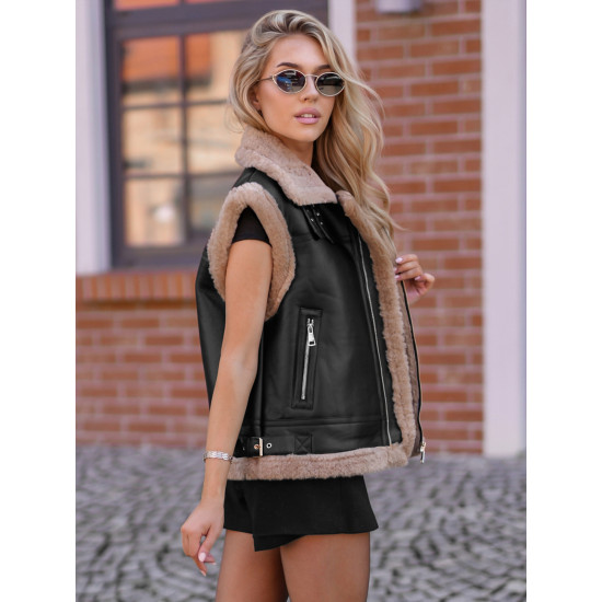 Moteriška juoda odinė liemenė Sara JS/61M8503/392 - Moterims Moteriška juoda odinė liemenė Sara Moteriškos liemenės