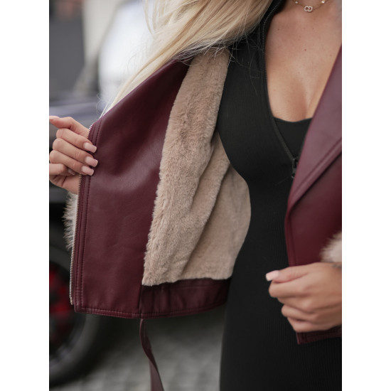 Naisten viininpunainen nahkatakki ruskealla turkiksella Elis Takit