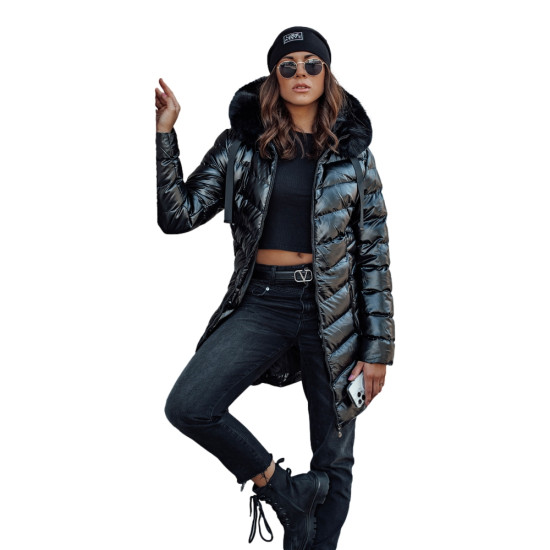 Moteriška dygsniuota juoda striukė su juodu kailiuku Crystal Moteriškos striukės