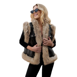 Sieviešu melna ādas veste ar kažokādām Carla