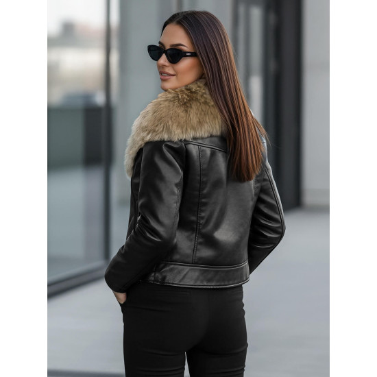 Moteriška juoda odinė striukė su rusvu kailiuku Laser JS/61M8508/392B - Akcija Moteriška juoda odinė striukė su rusvu kailiuku Laser Striukės