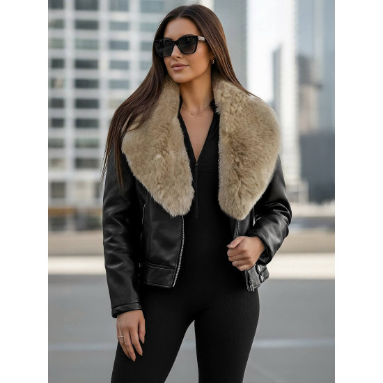 Moteriška juoda odinė striukė su rusvu kailiuku Laser JS/61M8508/392B - Akcija Moteriška juoda odinė striukė su rusvu kailiuku Laser Striukės