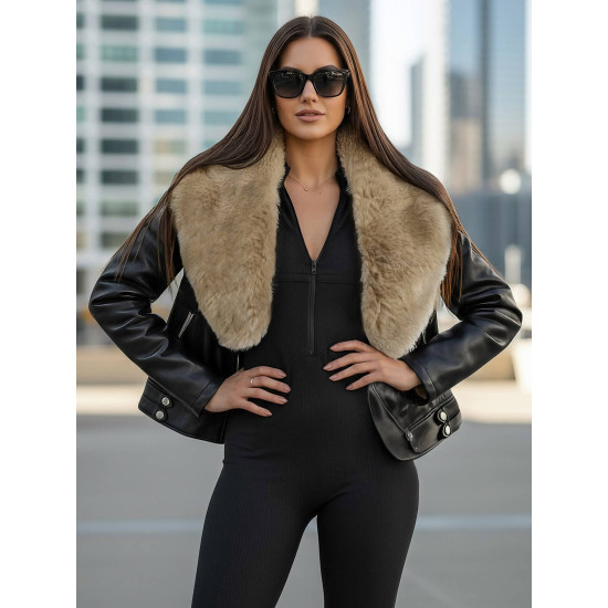 Moteriška juoda odinė striukė su rusvu kailiuku Laser JS/61M8508/392B - Akcija Moteriška juoda odinė striukė su rusvu kailiuku Laser Striukės