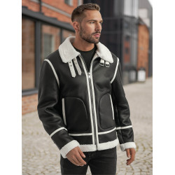 Meeste must nahkjakk valge karusnahaga Capri