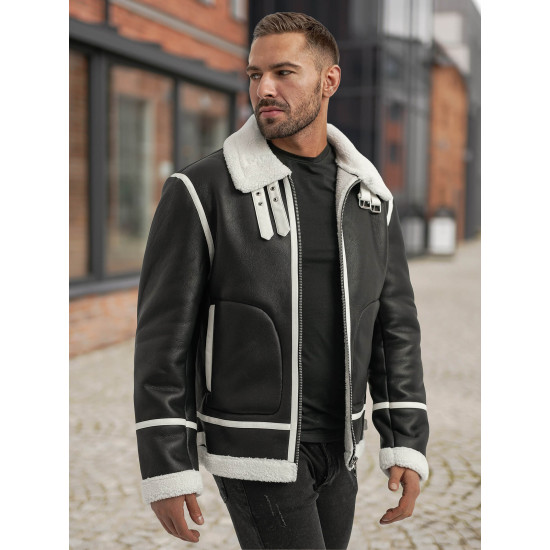 Vyriška juoda odinė striukė su baltu kailiu Capri Odinės striukės