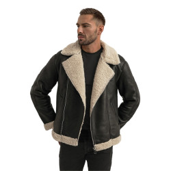 Vyriška juoda odinė striukė su kailiu