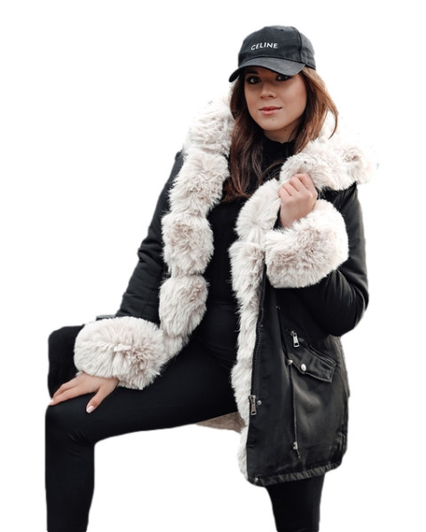 Moteriška juoda su rusvu kailiuku striukė Gibon