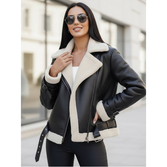 Moteriška juoda odinė striukė su baltu kailiuku Elen JS/11Z8177
