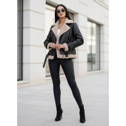 Sieviešu melna ādas jaka ar kažokādu Elen