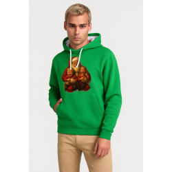 Vihreä hupullinen joulupukki lasten kanssa