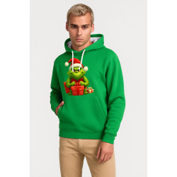 Vihreä huppari Grinch lahjojen kanssa