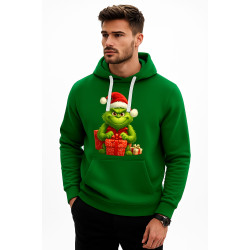Tummanvihreä huppari Grinch lahjojen kanssa