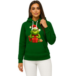 Tummanvihreä huppari Grinch lahjojen kanssa