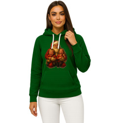 Tummanvihreä hupullinen joulupukki lasten kanssa