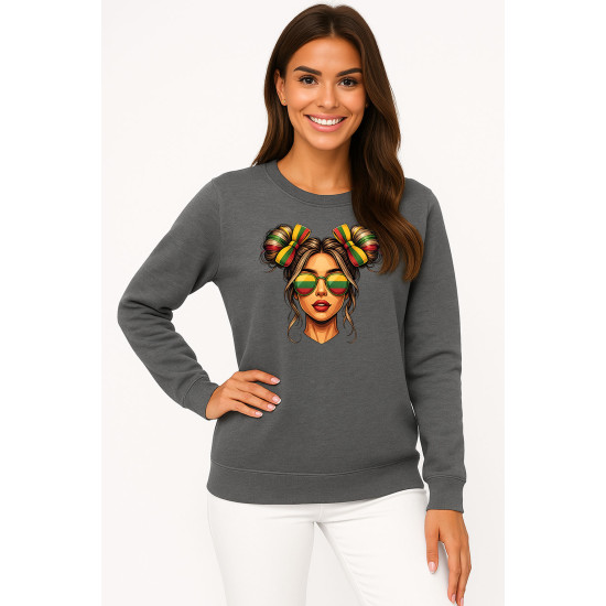 Moteriškas tamsiai pilkas be gobtuvo džemperis Lietuvaitė su akiniais Džemperiai su gobtuvu