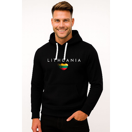 Vyriškas juodas džemperis su gobtuvu Lithuania (balta)