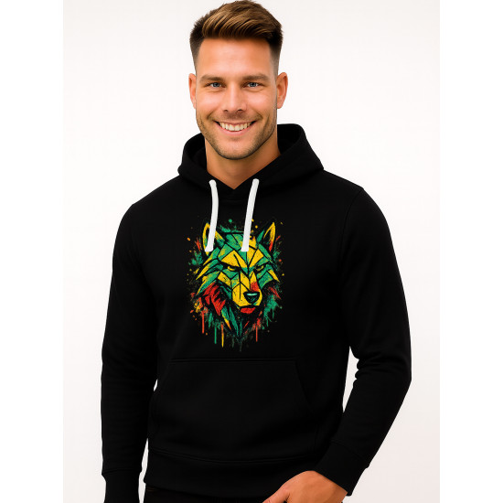 Men's Black Sweater: Geometric Wolf Hooded jumpers