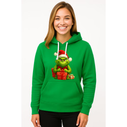 Vihreä huppari Grinch lahjojen kanssa