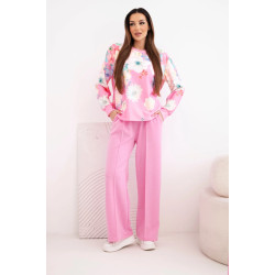 Moteriškas rožinis komplektas su plačiomis kelnėmis Flowers