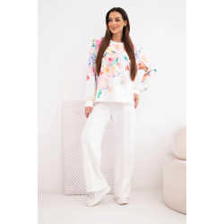 Moteriškas baltas komplektas su plačiomis kelnėmis Flowers