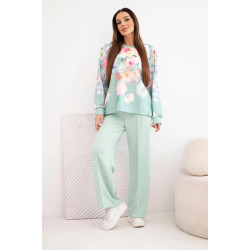 Moteriškas mėtinis komplektas su plačiomis kelnėmis Flowers