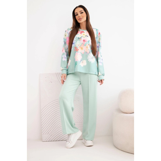 Moteriškas mėtinis komplektas su plačiomis kelnėmis Flowers