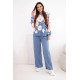 Moteriškas mėlynas komplektas su plačiomis kelnėmis Flowers