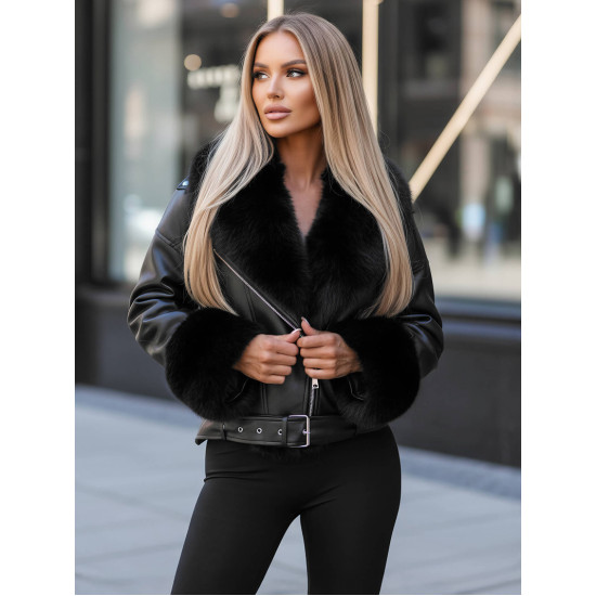 Moteriška juoda striukė su juodu kailiuku Real Moteriškos striukės