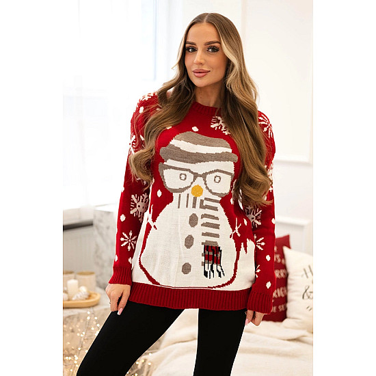 Moteriškas raudonas kalėdinis megztinis Snowman