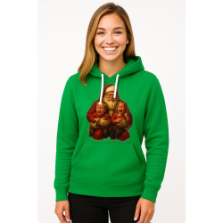 Vihreä hupullinen joulupukki lasten kanssa