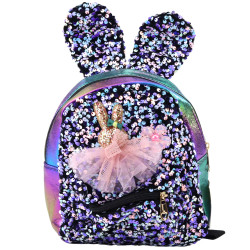 Lasten sini-violetti reppu glitterillä ja kaninkorvilla, 22 cm, 4,4 l.