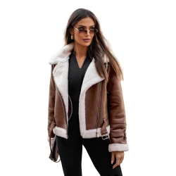 Moteriška ruda odinė striukė su kailiuku Elen