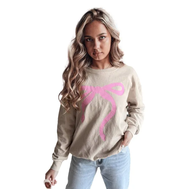 Women's brown sweater with pink ribbon Cute BY1357