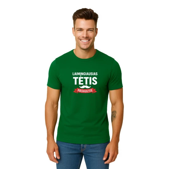 Tamsiai žali marškinėliai Laimingiausias tėtis (baltas) PK4006