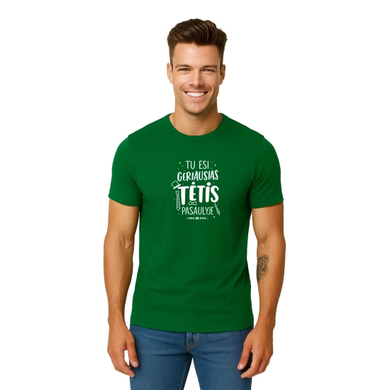 Vyriški tamsiai žali marškinėliai Geriausias tėtis (baltas) PK4002