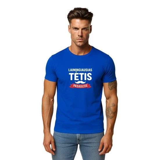 Mėlyni marškinėliai Laimingiausias tėtis (baltas) PK4006