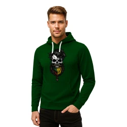 Tamsiai žalias džemperis su gobtuvu Kaukolė suveltais plaukais